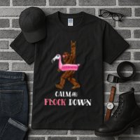 Calm The Flock Down Funny Pool Party Bigfoot Flamingo Tall T-Shirt