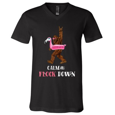 Calm The Flock Down Funny Pool Party Bigfoot Flamingo V-Neck T-Shirt