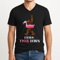 Calm The Flock Down Funny Pool Party Bigfoot Flamingo V-Neck T-Shirt