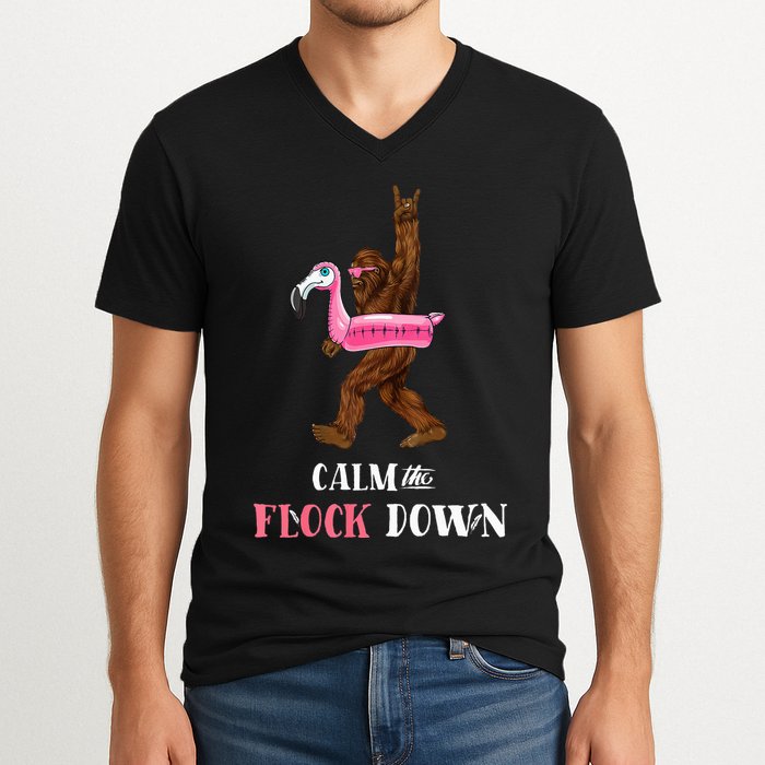 Calm The Flock Down Funny Pool Party Bigfoot Flamingo V-Neck T-Shirt
