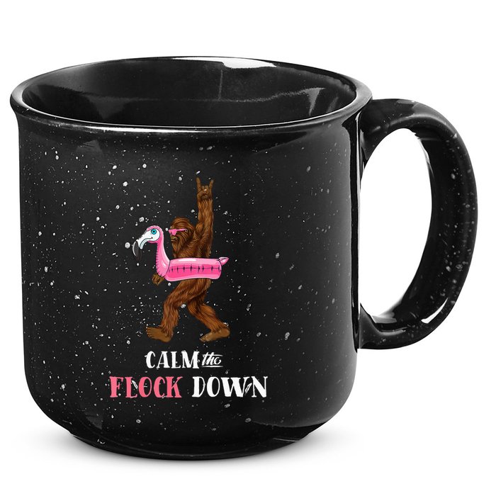 Calm The Flock Down Funny Pool Party Bigfoot Flamingo 15oz Campfire Ceramic Mug
