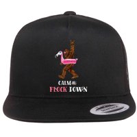 Calm The Flock Down Funny Pool Party Bigfoot Flamingo Flatbill Hat