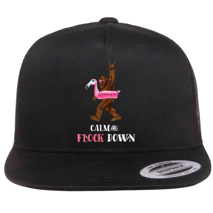 Calm The Flock Down Funny Pool Party Bigfoot Flamingo Flatbill Hat