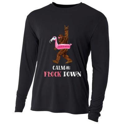 Calm The Flock Down Funny Pool Party Bigfoot Flamingo Cooling Performance Long Sleeve Crew