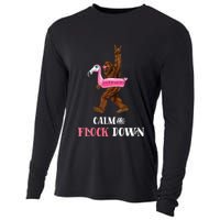 Calm The Flock Down Funny Pool Party Bigfoot Flamingo Cooling Performance Long Sleeve Crew