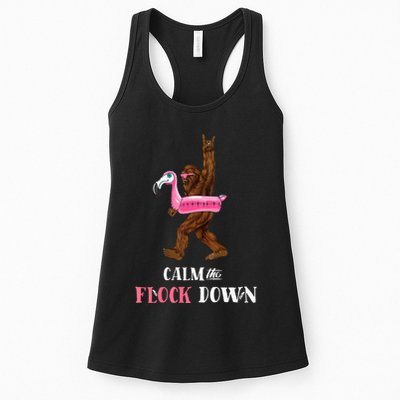 Calm The Flock Down Funny Pool Party Bigfoot Flamingo Womens Tank Top