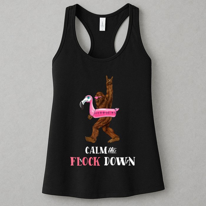 Calm The Flock Down Funny Pool Party Bigfoot Flamingo Womens Tank Top