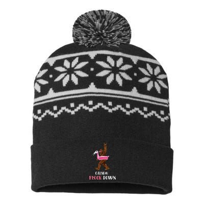 Calm The Flock Down Funny Pool Party Bigfoot Flamingo USA-Made Snowflake Beanie