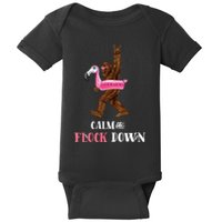 Calm The Flock Down Funny Pool Party Bigfoot Flamingo Baby Bodysuit