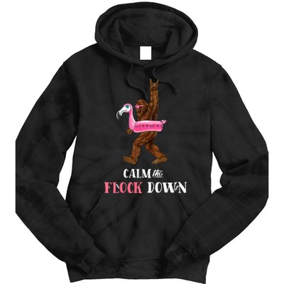 Calm The Flock Down Funny Pool Party Bigfoot Flamingo Tie Dye Hoodie
