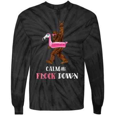 Calm The Flock Down Funny Pool Party Bigfoot Flamingo Tie-Dye Long Sleeve Shirt