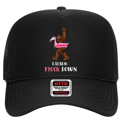 Calm The Flock Down Funny Pool Party Bigfoot Flamingo Trucker Hat