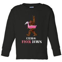 Calm The Flock Down Funny Pool Party Bigfoot Flamingo Toddler Long Sleeve Shirt