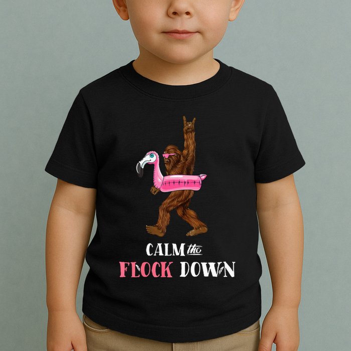 Calm The Flock Down Funny Pool Party Bigfoot Flamingo Toddler T-Shirt