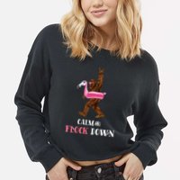 Calm The Flock Down Funny Pool Party Bigfoot Flamingo Cropped Pullover Crew