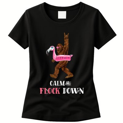 Calm The Flock Down Funny Pool Party Bigfoot Flamingo Womens T-Shirt