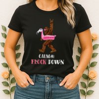 Calm The Flock Down Funny Pool Party Bigfoot Flamingo Womens T-Shirt