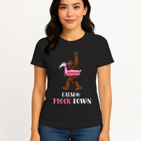Calm The Flock Down Funny Pool Party Bigfoot Flamingo Womens T-Shirt