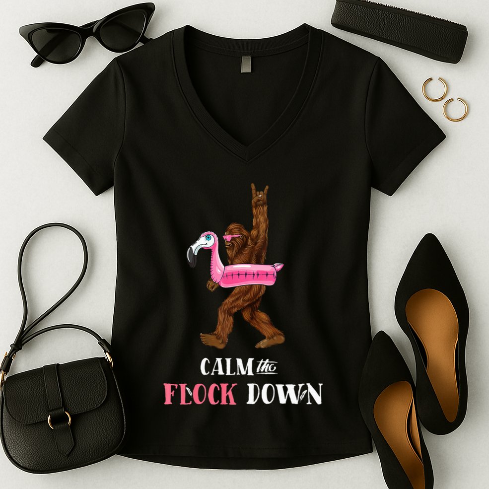 Calm The Flock Down Funny Pool Party Bigfoot Flamingo Women's V-Neck T-Shirt