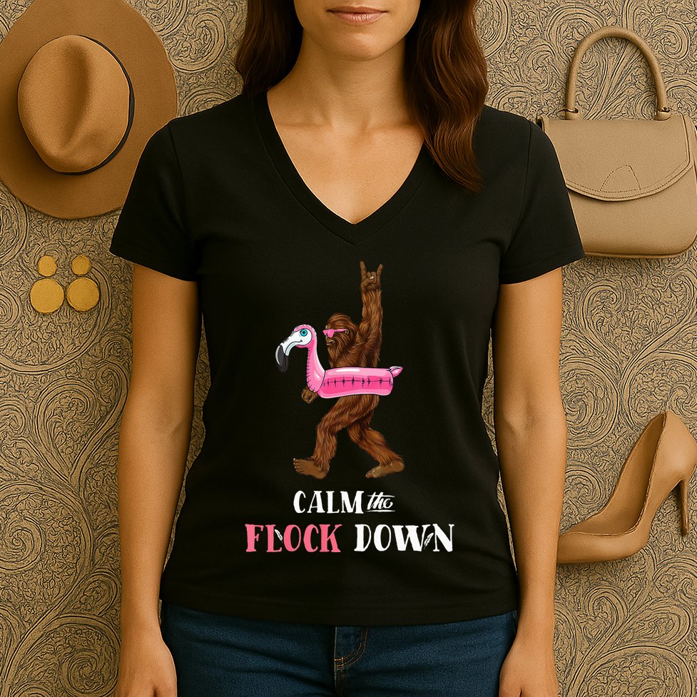 Calm The Flock Down Funny Pool Party Bigfoot Flamingo Women's V-Neck T-Shirt