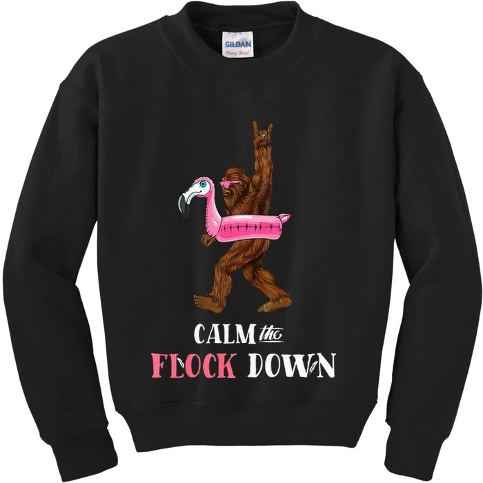 Calm The Flock Down Funny Pool Party Bigfoot Flamingo Kids Sweatshirt