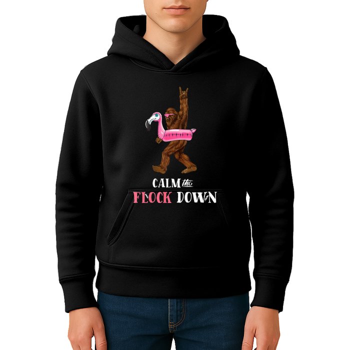 Calm The Flock Down Funny Pool Party Bigfoot Flamingo Kids Hoodie