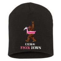 Calm The Flock Down Funny Pool Party Bigfoot Flamingo Short Acrylic Beanie