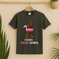 Calm The Flock Down Funny Pool Party Bigfoot Flamingo T-Shirt
