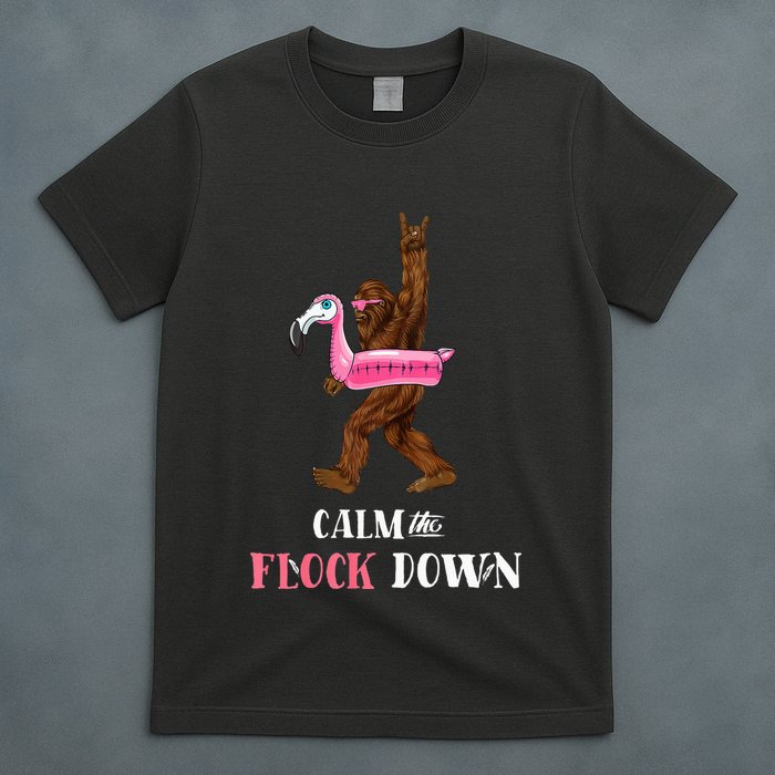Calm The Flock Down Funny Pool Party Bigfoot Flamingo T-Shirt