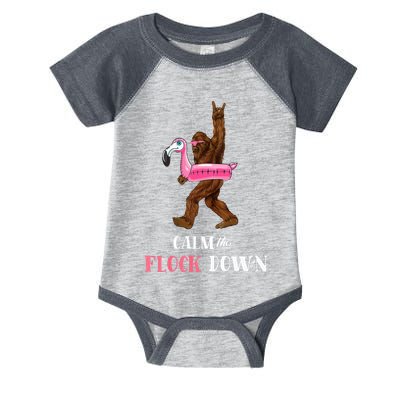Calm The Flock Down Funny Pool Party Bigfoot Flamingo Infant Baby Jersey Bodysuit