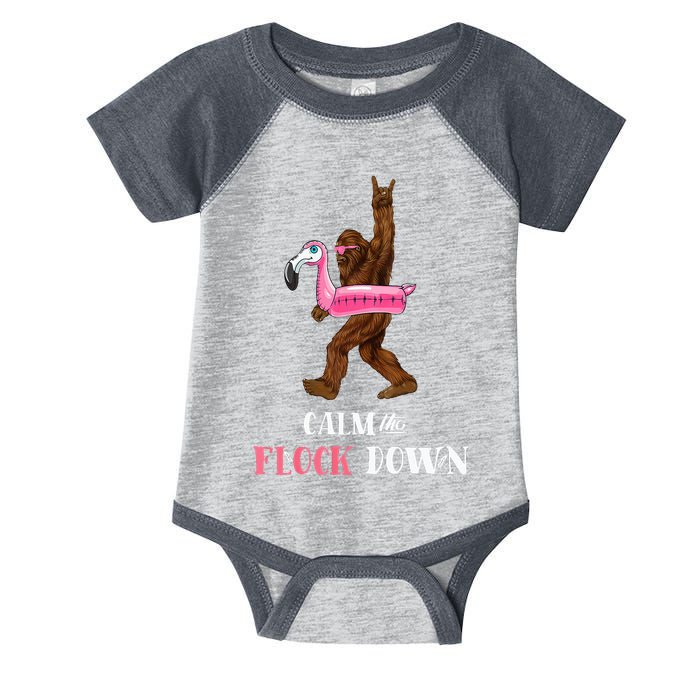 Calm The Flock Down Funny Pool Party Bigfoot Flamingo Infant Baby Jersey Bodysuit