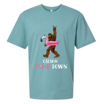 Calm The Flock Down Funny Pool Party Bigfoot Flamingo Sueded Cloud Jersey T-Shirt