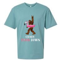 Calm The Flock Down Funny Pool Party Bigfoot Flamingo Sueded Cloud Jersey T-Shirt