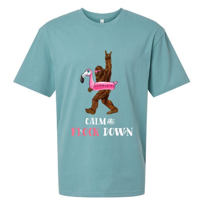 Calm The Flock Down Funny Pool Party Bigfoot Flamingo Sueded Cloud Jersey T-Shirt