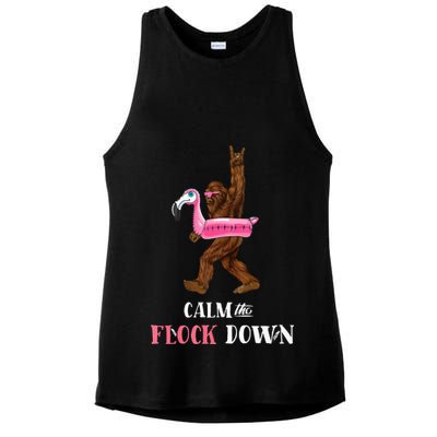 Calm The Flock Down Funny Pool Party Bigfoot Flamingo Ladies PosiCharge Tri-Blend Wicking Tank