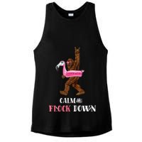 Calm The Flock Down Funny Pool Party Bigfoot Flamingo Ladies PosiCharge Tri-Blend Wicking Tank