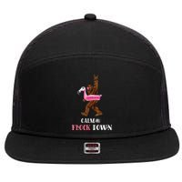 Calm The Flock Down Funny Pool Party Bigfoot Flamingo 7 Panel Mesh Trucker Snapback Hat