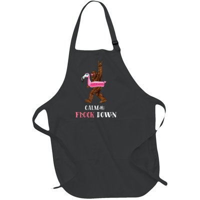 Calm The Flock Down Funny Pool Party Bigfoot Flamingo Full-Length Apron With Pockets