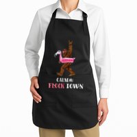 Calm The Flock Down Funny Pool Party Bigfoot Flamingo Full-Length Apron With Pockets
