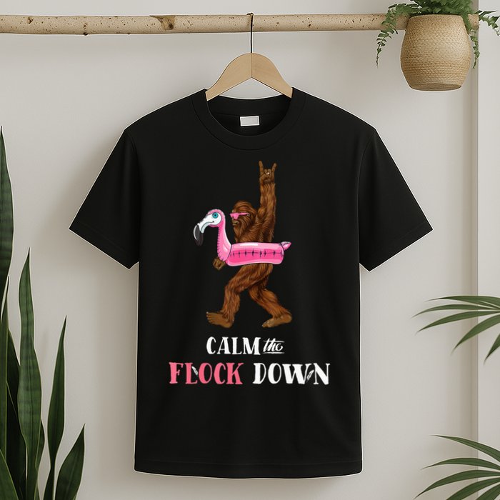 Calm The Flock Down Funny Pool Party Bigfoot Flamingo T-Shirt