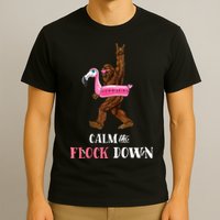Calm The Flock Down Funny Pool Party Bigfoot Flamingo T-Shirt