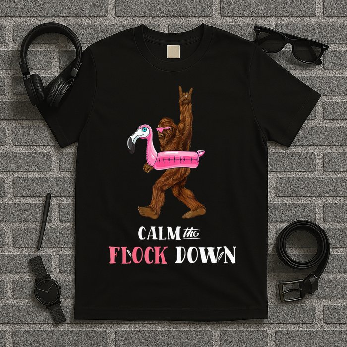 Calm The Flock Down Funny Pool Party Bigfoot Flamingo T-Shirt