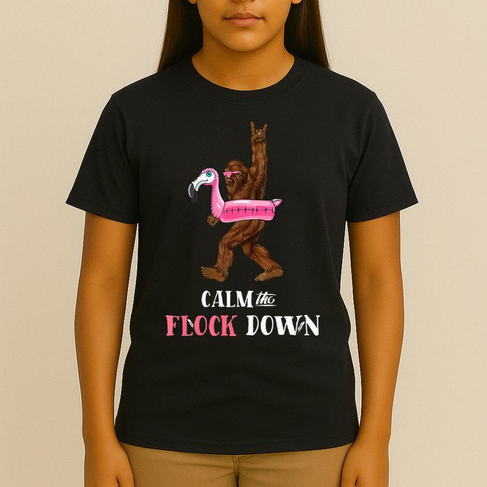 Calm The Flock Down Funny Pool Party Bigfoot Flamingo T-Shirt