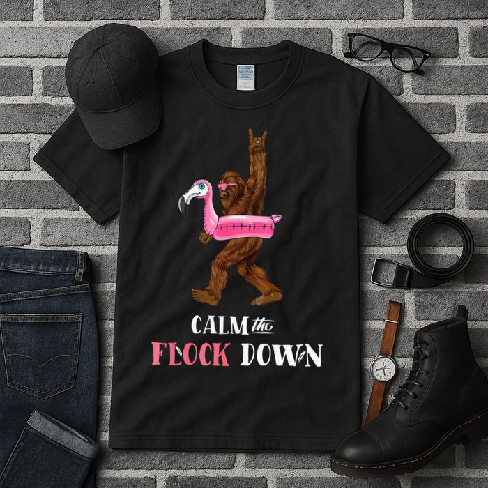 Calm The Flock Down Funny Pool Party Bigfoot Flamingo Tall T-Shirt