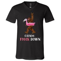 Calm The Flock Down Funny Pool Party Bigfoot Flamingo V-Neck T-Shirt