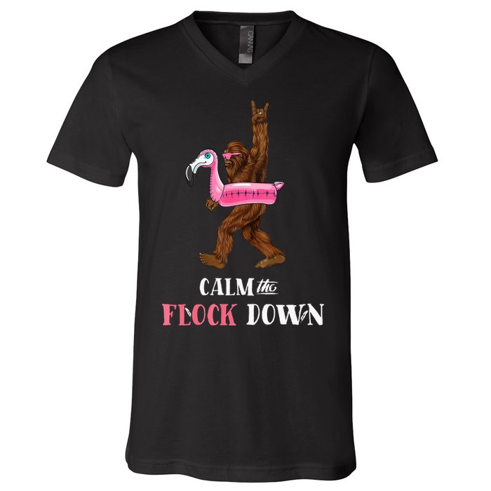 Calm The Flock Down Funny Pool Party Bigfoot Flamingo V-Neck T-Shirt