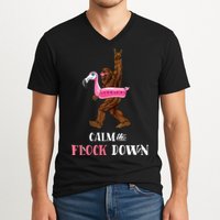 Calm The Flock Down Funny Pool Party Bigfoot Flamingo V-Neck T-Shirt