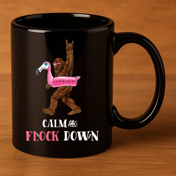 Calm The Flock Down Funny Pool Party Bigfoot Flamingo 11oz C Handle Ceramic Mug