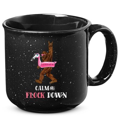 Calm The Flock Down Funny Pool Party Bigfoot Flamingo 15oz Campfire Ceramic Mug