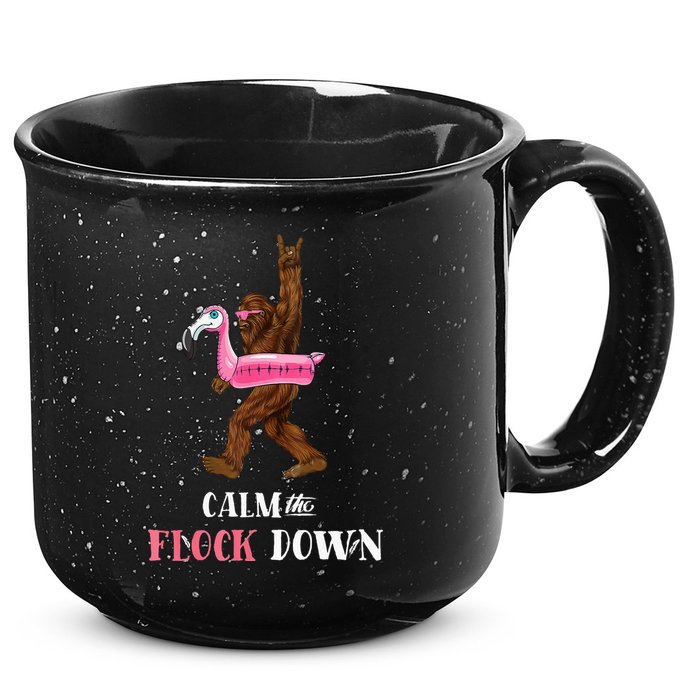 Calm The Flock Down Funny Pool Party Bigfoot Flamingo 15oz Campfire Ceramic Mug